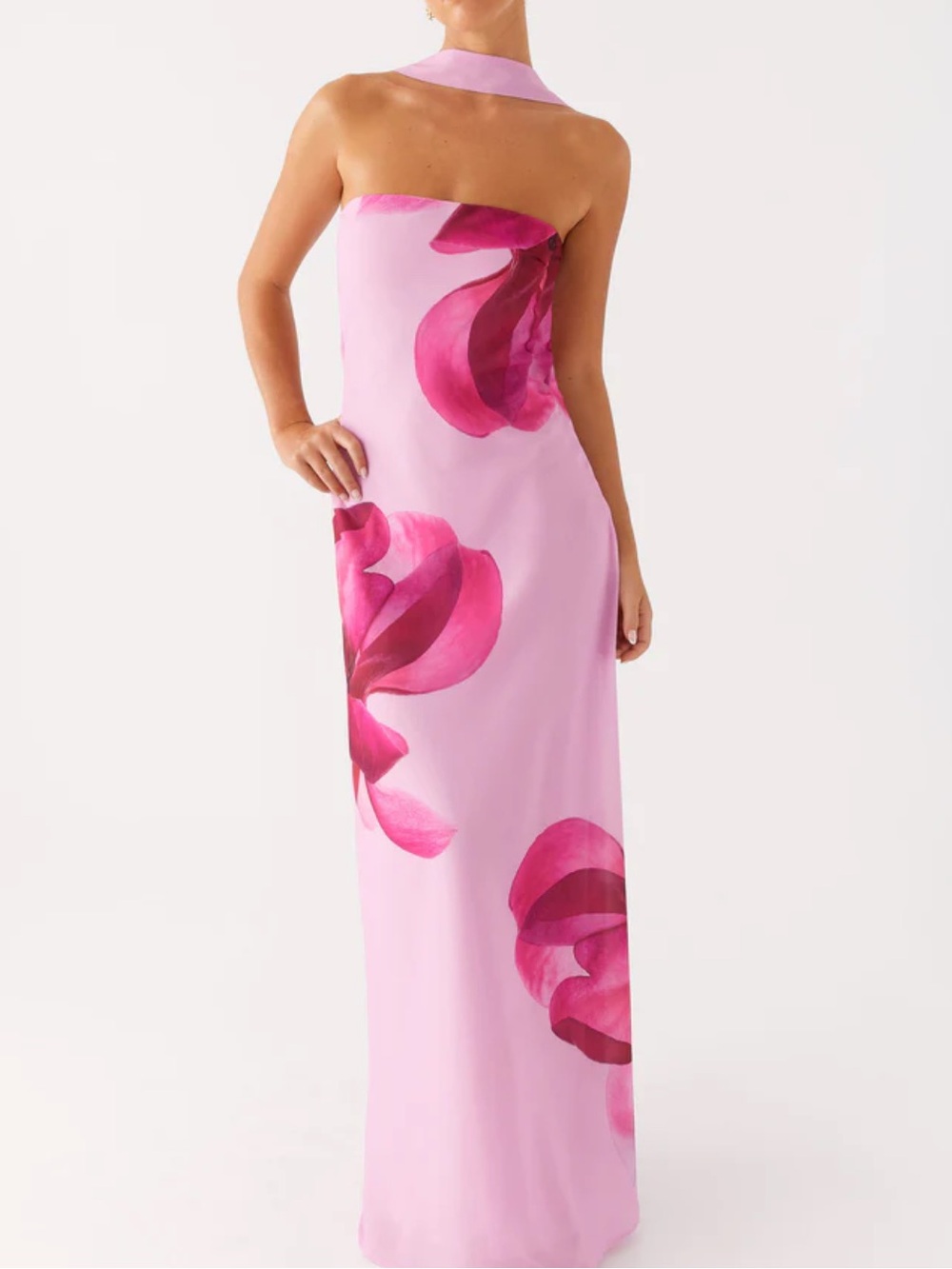 Peppermayo Pink Strapless Column Dress with Magenta Floral Print